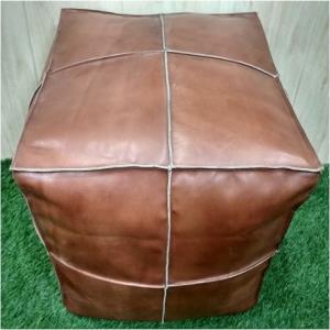 Tan Leather Cube Pouf